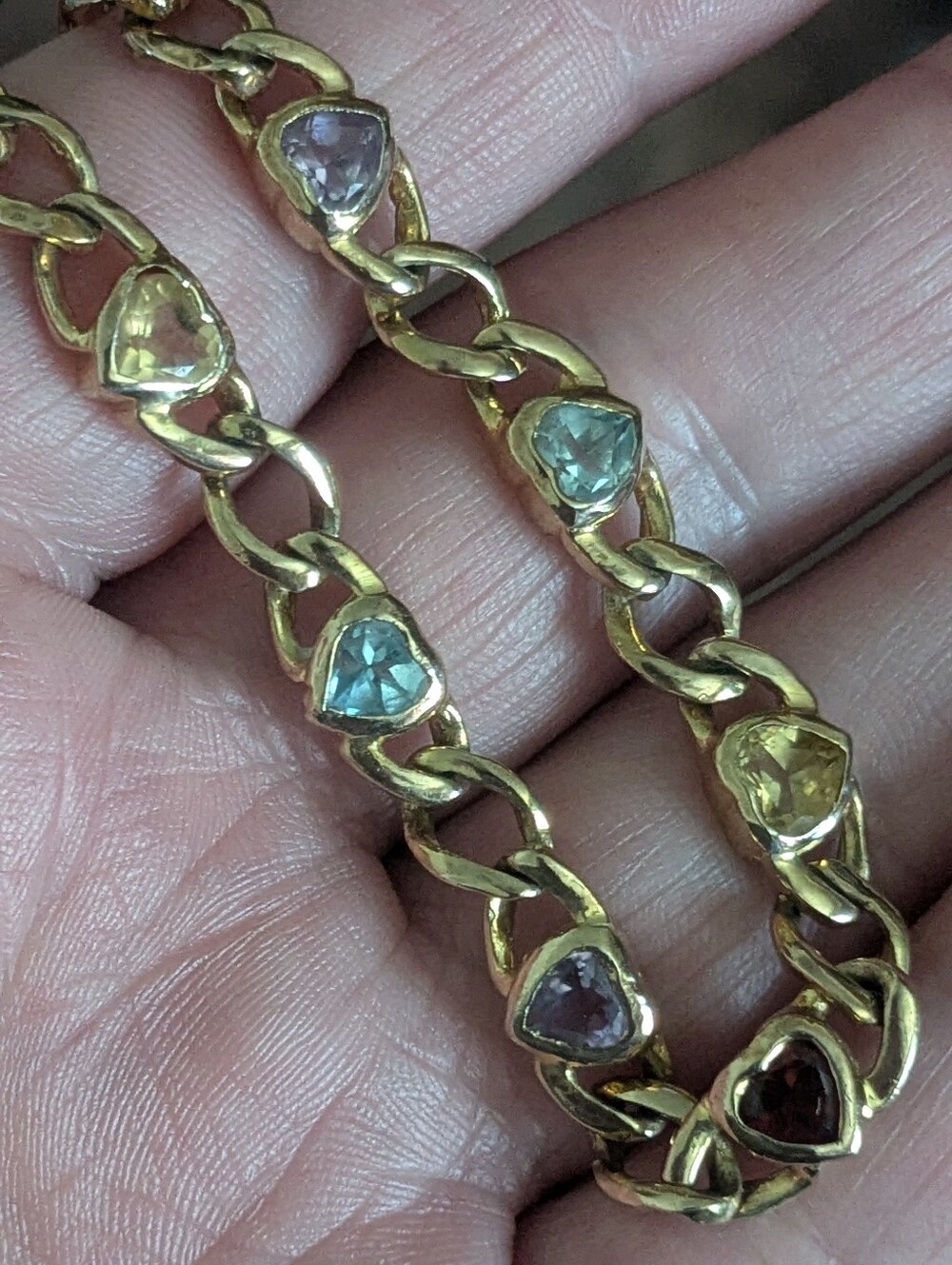 Heart Cut Multi-Gemstone Tennis Curb Link Bracelet 14k Gold Vermeil S. Silver - Picture 7 of 13
